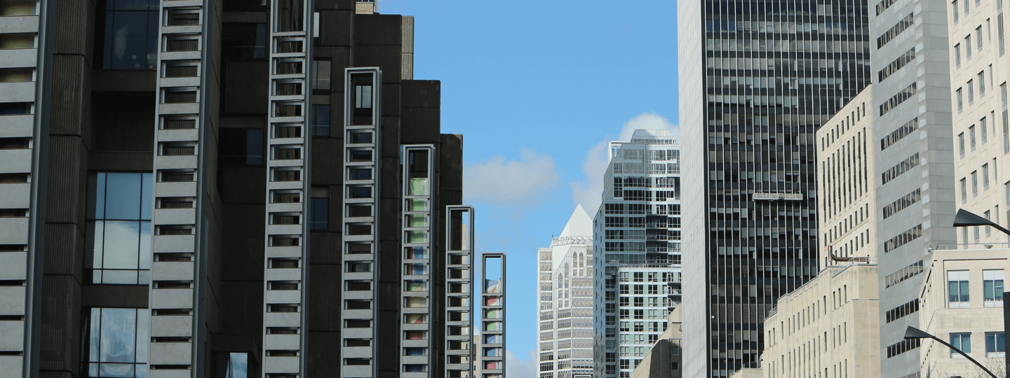 Looking down a row of large office buildings