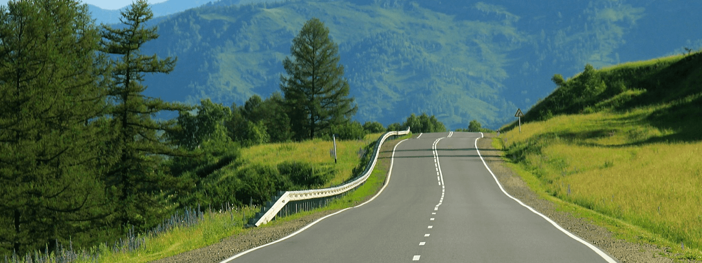 An uneven windy road surrounded by green foliage and mountains