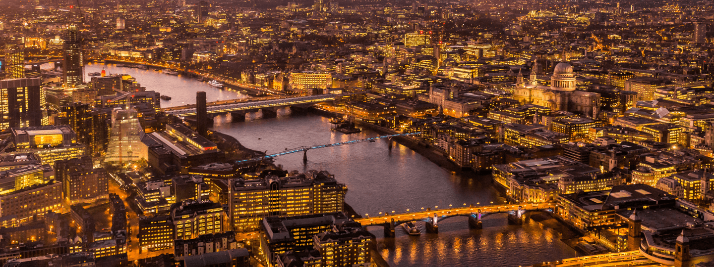 Aerial view of London, England at night