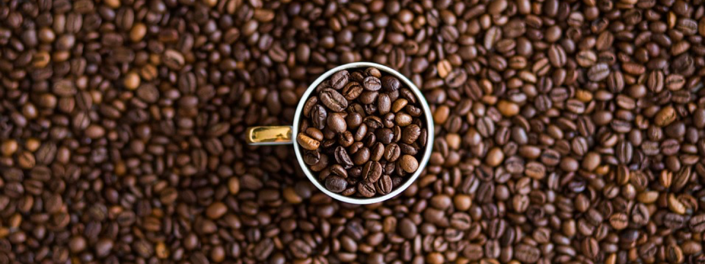 A coffee cup filled with coffee beans surrounded by coffee beans