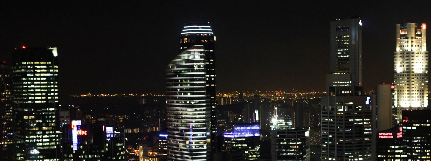 A city skyline at night