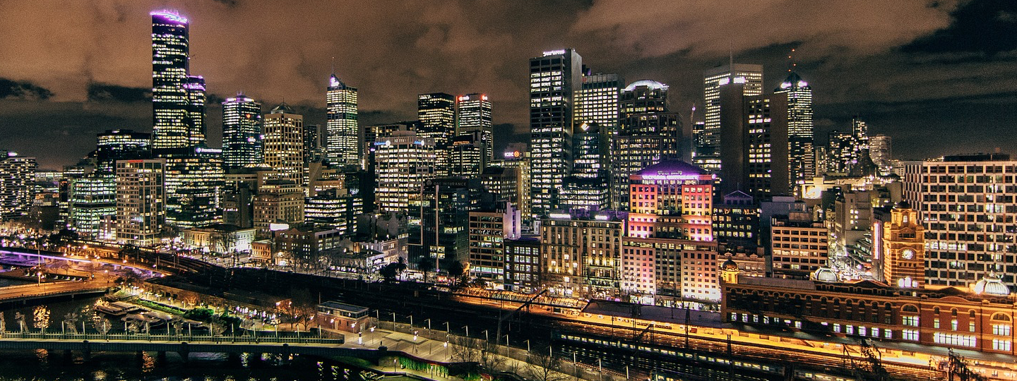 A large city skyline at night