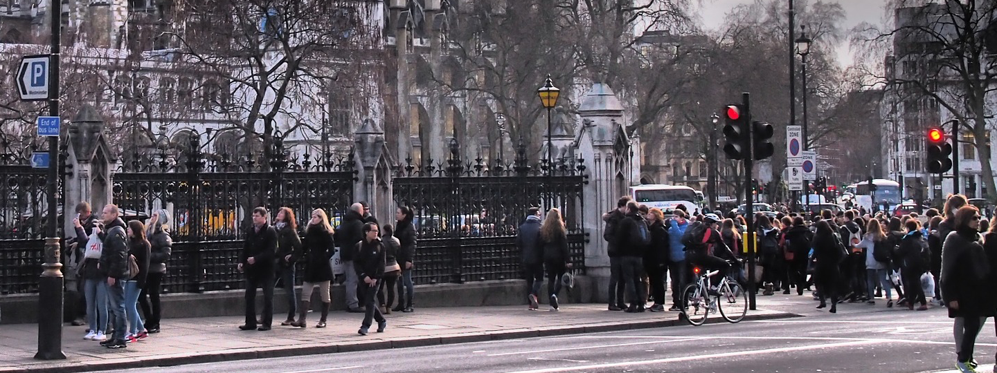 A city street crowded with pedestrians