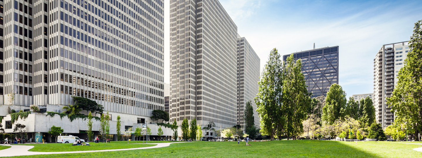 A large, green park between several office buildings