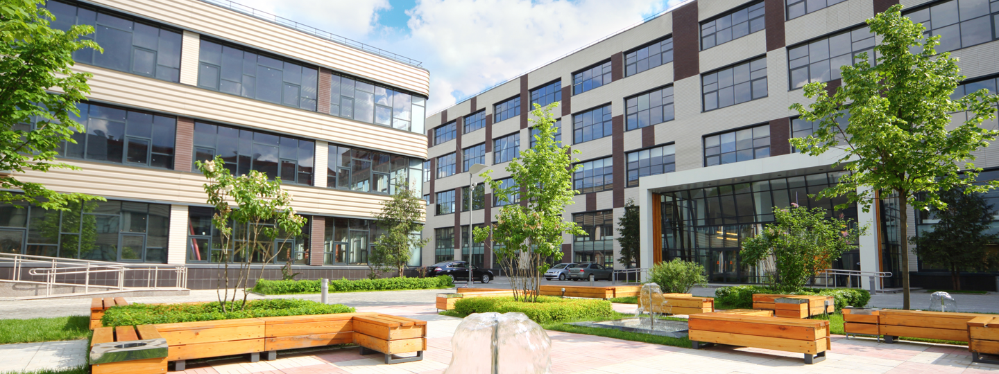 A small outdoor courtyard with water features at an office complex