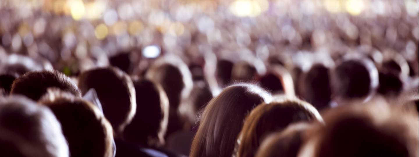 A blurry view of the backs of many heads in a crowd