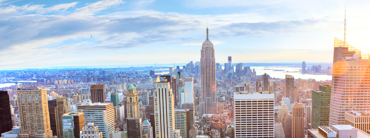 The Empire State Building towers over midtown Manhattan