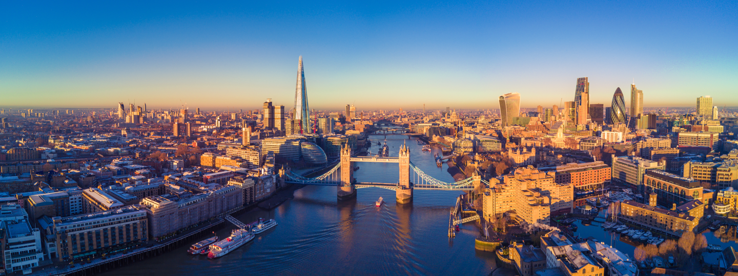 Aerial view of the Schard and downtown London, England