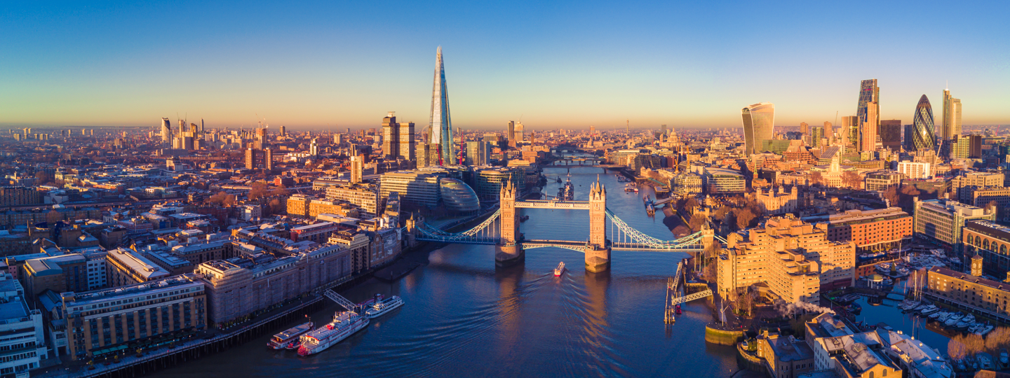 Aerial view of the Schard and downtown London, England