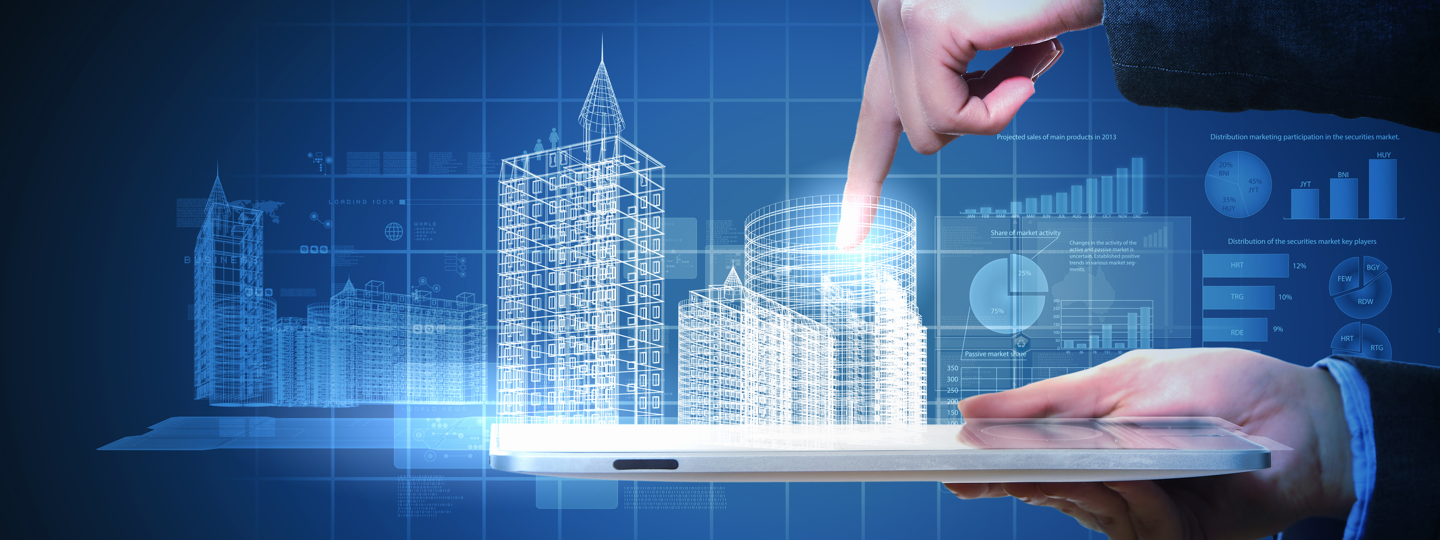 A person with a tablet pointing at superimposed graphics and graphs