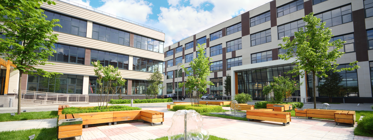 A small outdoor courtyard with water features at an office complex