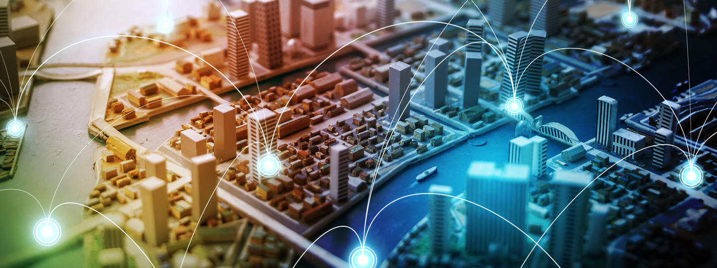 A small model city with graphical lines connecting random points