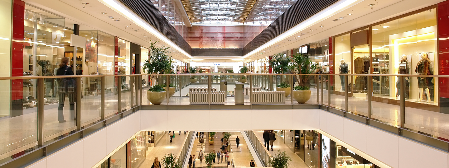 A view down the top floor of a multi-story mall